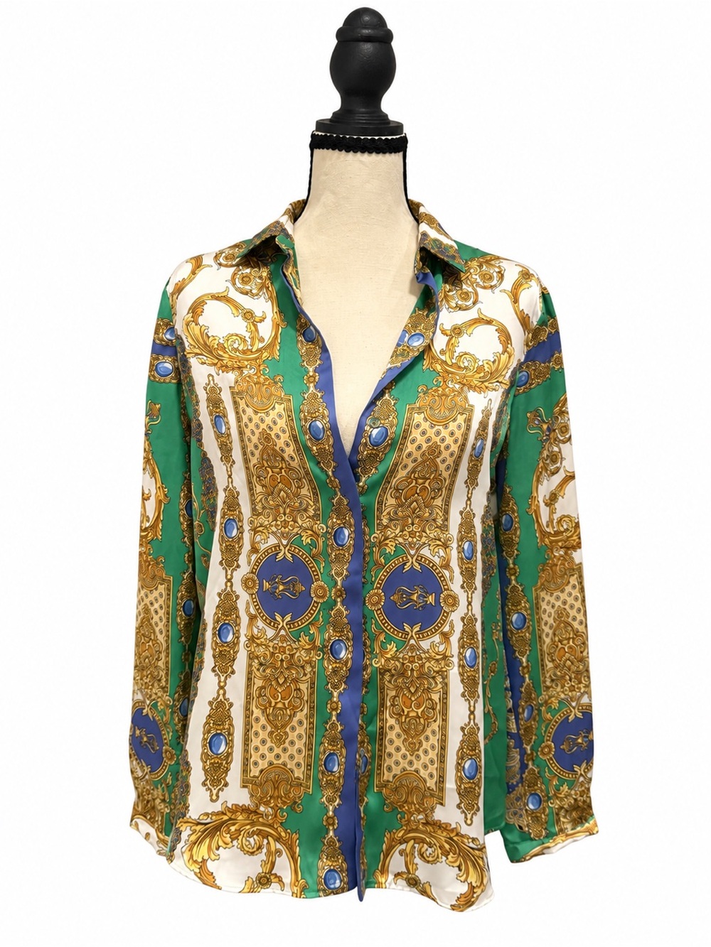 Zara Green Baroque Print Button-Down Shirt with Gold and Blue Accents - S